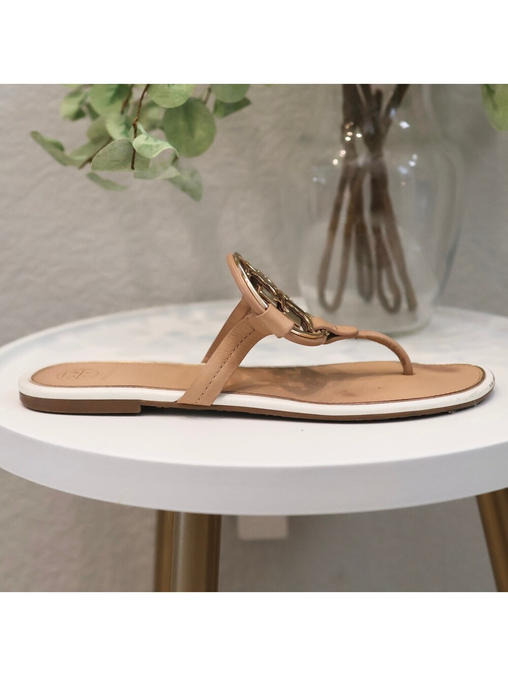 Tory Burch Miller Patent Leather Sandals Tan Beige Gold Flip Flop Size 10
